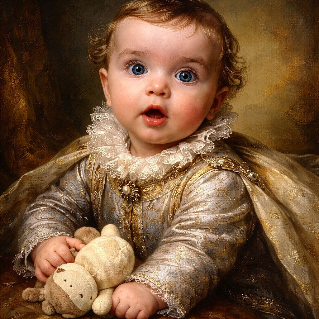 A wide-eyed baby stares in surprise or curiosity while lying on a dark surface, clutching a plush monkey toy. The baby wears a cozy gray quilted sweater with a seagull print, surrounded by soft toys and a homey background.
