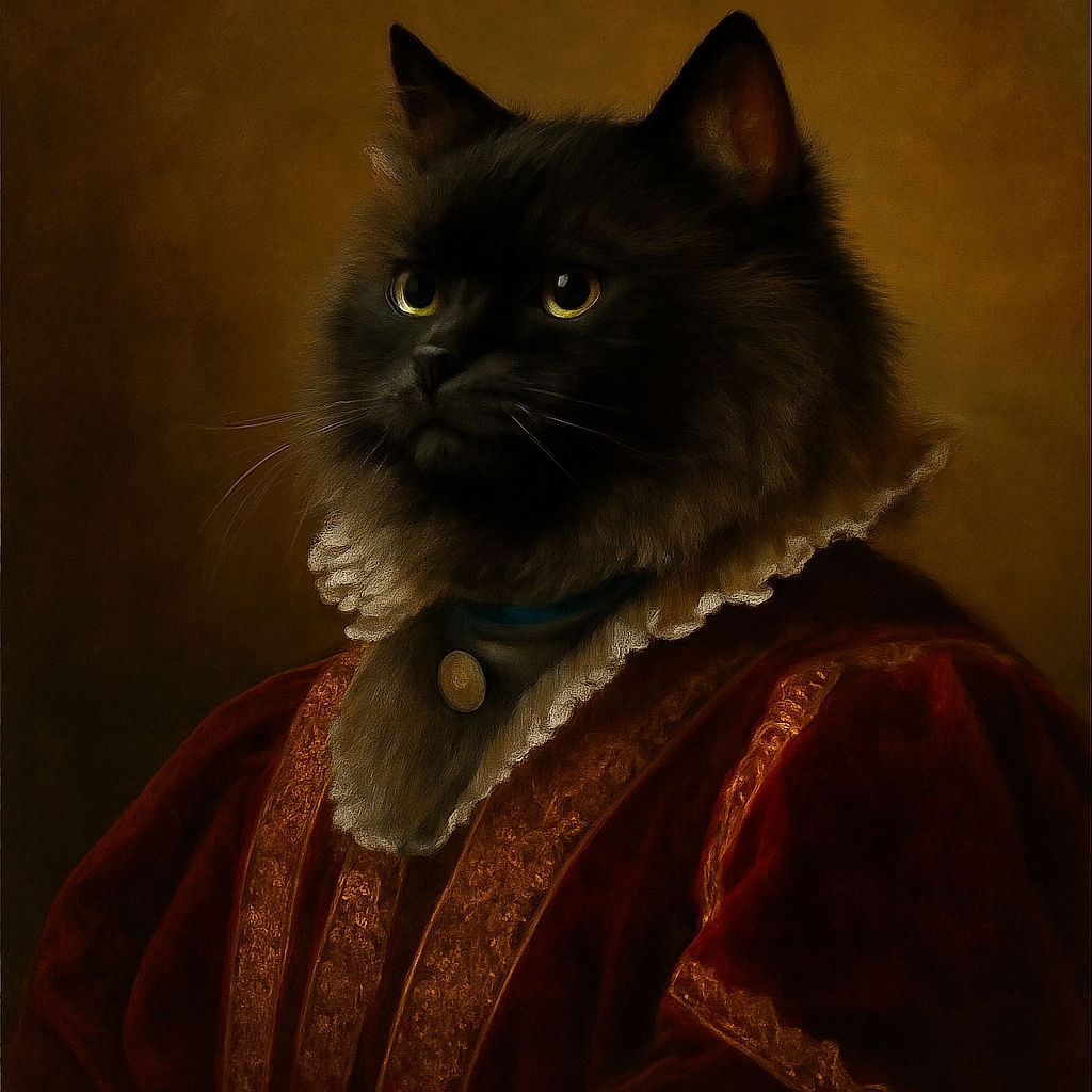 A majestic long-haired black cat with a fluffy mane sits gracefully on a patterned rug, looking off to the side with a curious gaze, wearing a blue collar with a shiny tag, against a cozy wooden kitchen backdrop.