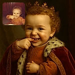 A mischievous toddler with curly hair is caught mid-giggle, playfully biting their finger while wearing a cute orange outfit with animal prints, set against a wooden furniture background.