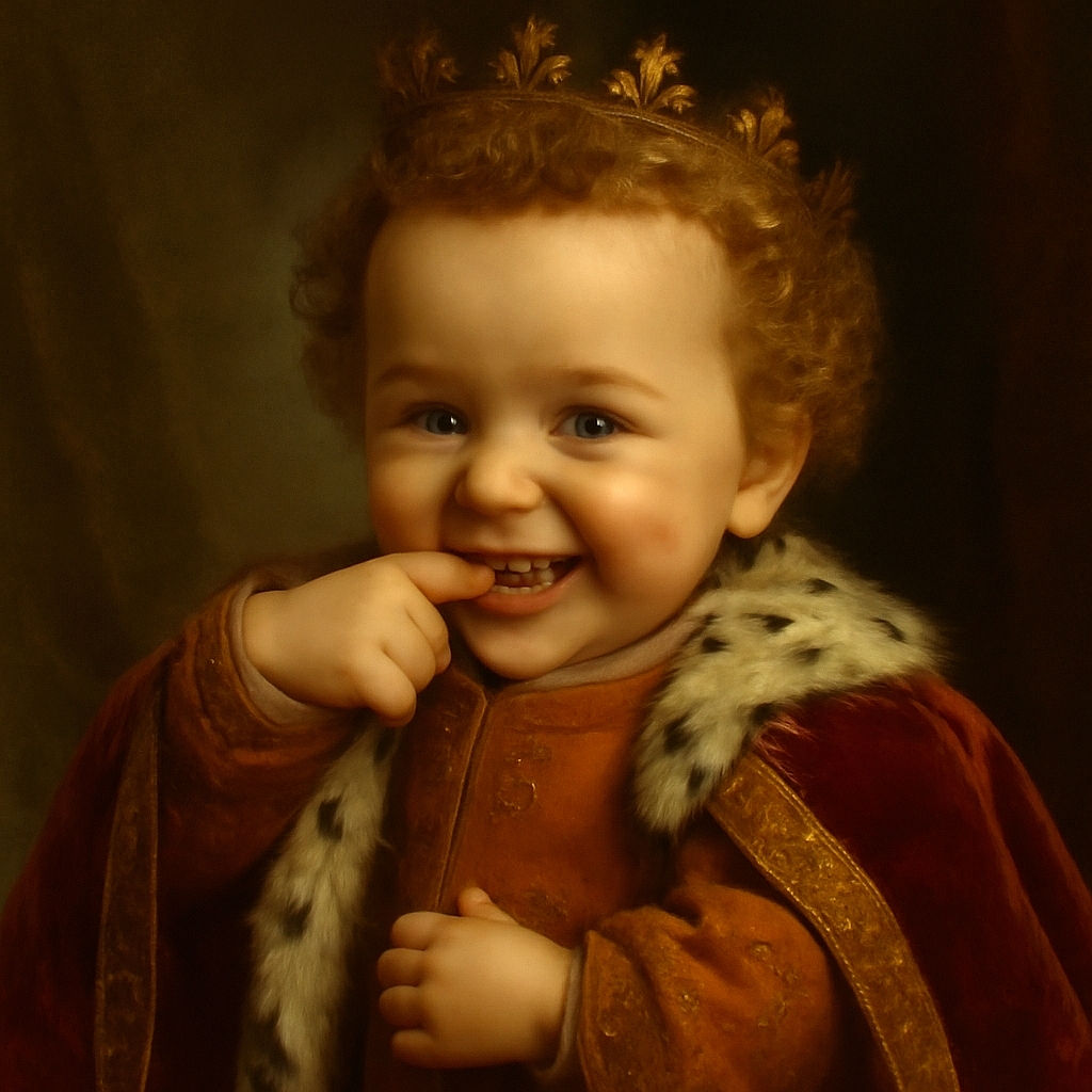 A mischievous toddler with curly hair is caught mid-giggle, playfully biting their finger while wearing a cute orange outfit with animal prints, set against a wooden furniture background.