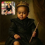 A charming toddler dressed in a stylish black outfit sits on a colorful striped train seat, sipping from a baby bottle with a curious expression. Beside the child, a pair of black shoes with gold buckles rest neatly, and the window beside them reflects the soft light, capturing a candid moment of travel and innocence.