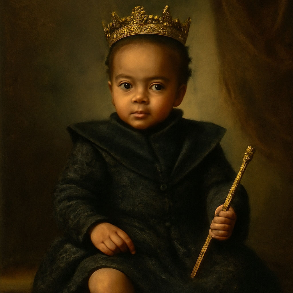 A charming toddler dressed in a stylish black outfit sits on a colorful striped train seat, sipping from a baby bottle with a curious expression. Beside the child, a pair of black shoes with gold buckles rest neatly, and the window beside them reflects the soft light, capturing a candid moment of travel and innocence.