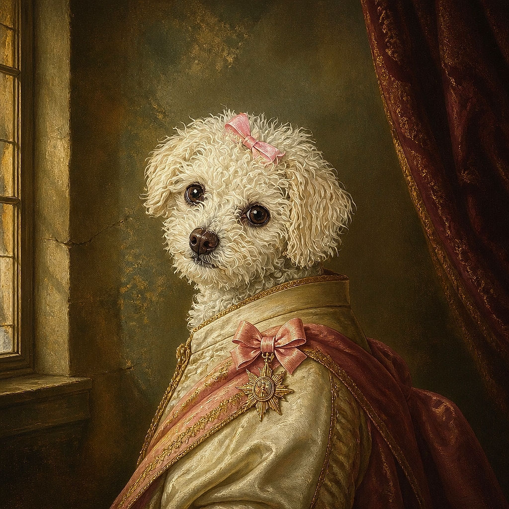A tiny curly-haired white dog with a pink bow is staring up like a fluffy courtroom witness, dramatically framed beneath a glass table while its reflection and a cozy dog bed join the scene.