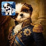 An adorable fluffy puppy sporting a dapper blue bow tie poses cutely on a cozy blue blanket, surrounded by playful blue toys and a star-shaped pillow, all set against a chevron-patterned blue backdrop. The puppy's curious head tilt adds an extra dose of charm and mischief.