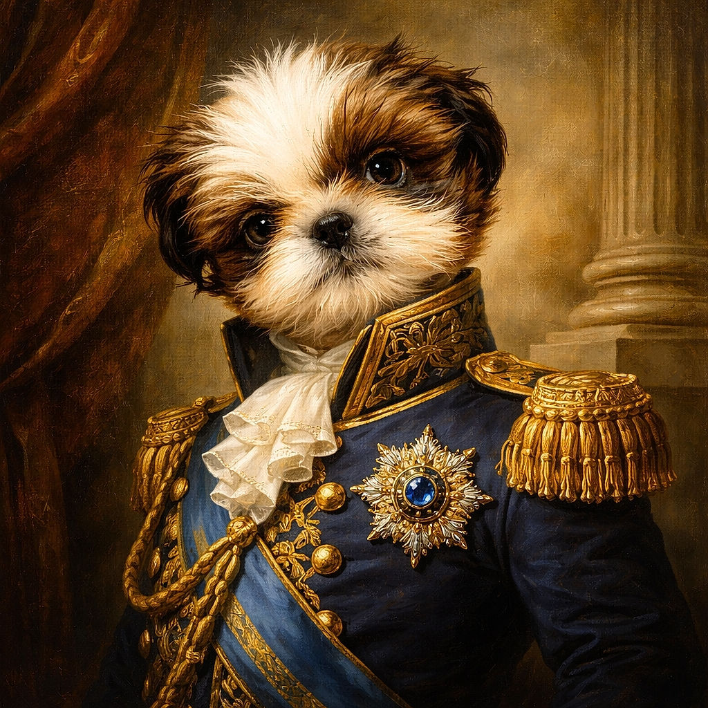An adorable fluffy puppy sporting a dapper blue bow tie poses cutely on a cozy blue blanket, surrounded by playful blue toys and a star-shaped pillow, all set against a chevron-patterned blue backdrop. The puppy's curious head tilt adds an extra dose of charm and mischief.