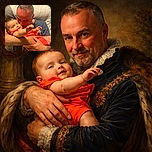 A heartwarming moment captured as a smiling baby in a bright red outfit is lovingly kissed on the cheek by an affectionate adult, nestled on a cozy quilted couch.