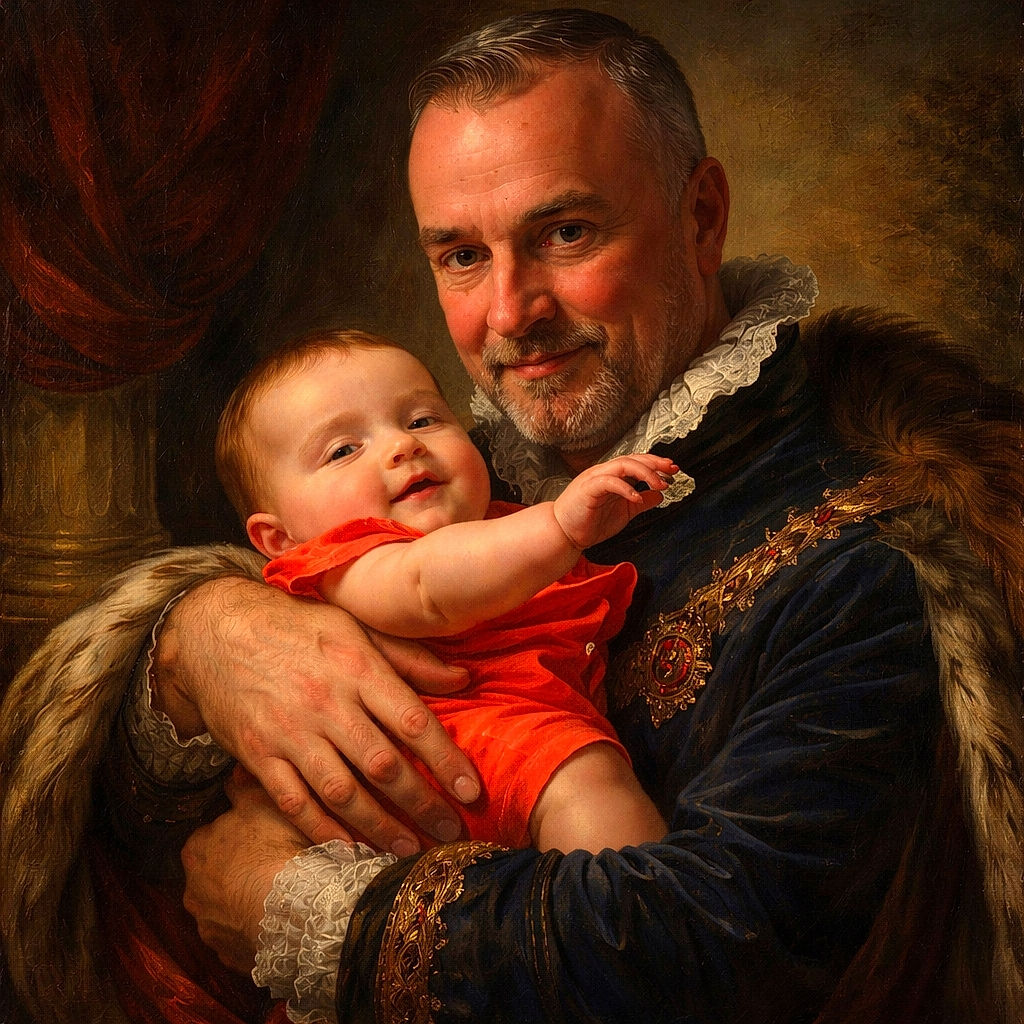 A heartwarming moment captured as a smiling baby in a bright red outfit is lovingly kissed on the cheek by an affectionate adult, nestled on a cozy quilted couch.