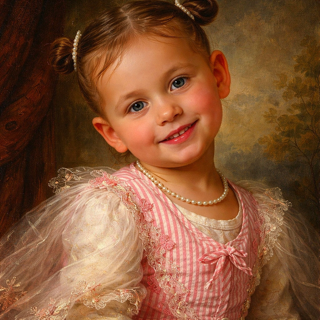 A beaming little girl with tiny pigtails and a gap-toothed grin lounges against a cushioned seat — the kind of picture that radiates sticky-fingered joy. Soft natural light from the window highlights her sparkling eyes and rosy cheeks while her pink-striped outfit adds cheerful pattern to the cozy interior.