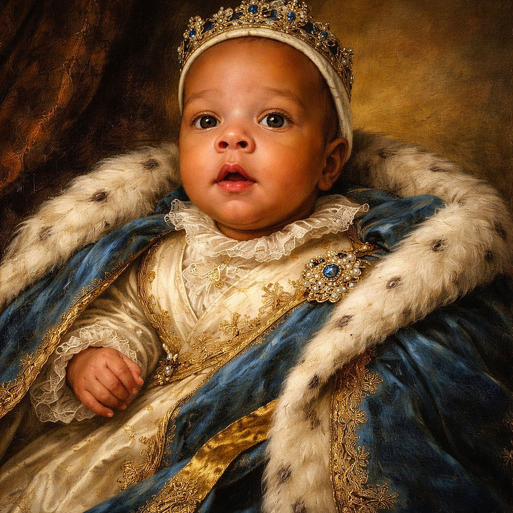 A wide-eyed baby wrapped snugly in a cozy blue blanket adorned with teddy bears, looking curiously at something off-camera while a gentle hand reaches in from the right side.