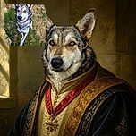 A striking blue-eyed dog sits in the grass like an elegant wolf-model, staring into the camera with majestic ears and a serious expression while a human foot sneaks into the corner as the unpaid assistant.