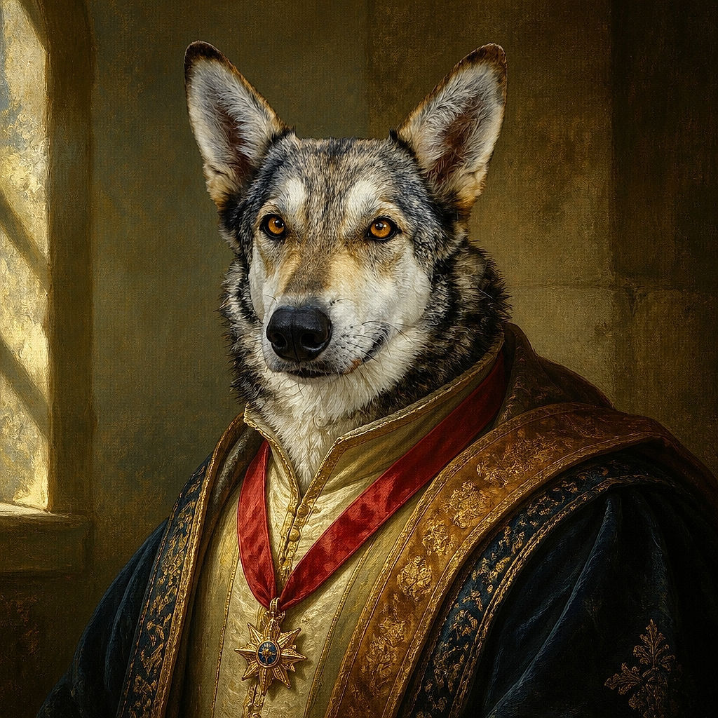 A striking blue-eyed dog sits in the grass like an elegant wolf-model, staring into the camera with majestic ears and a serious expression while a human foot sneaks into the corner as the unpaid assistant.