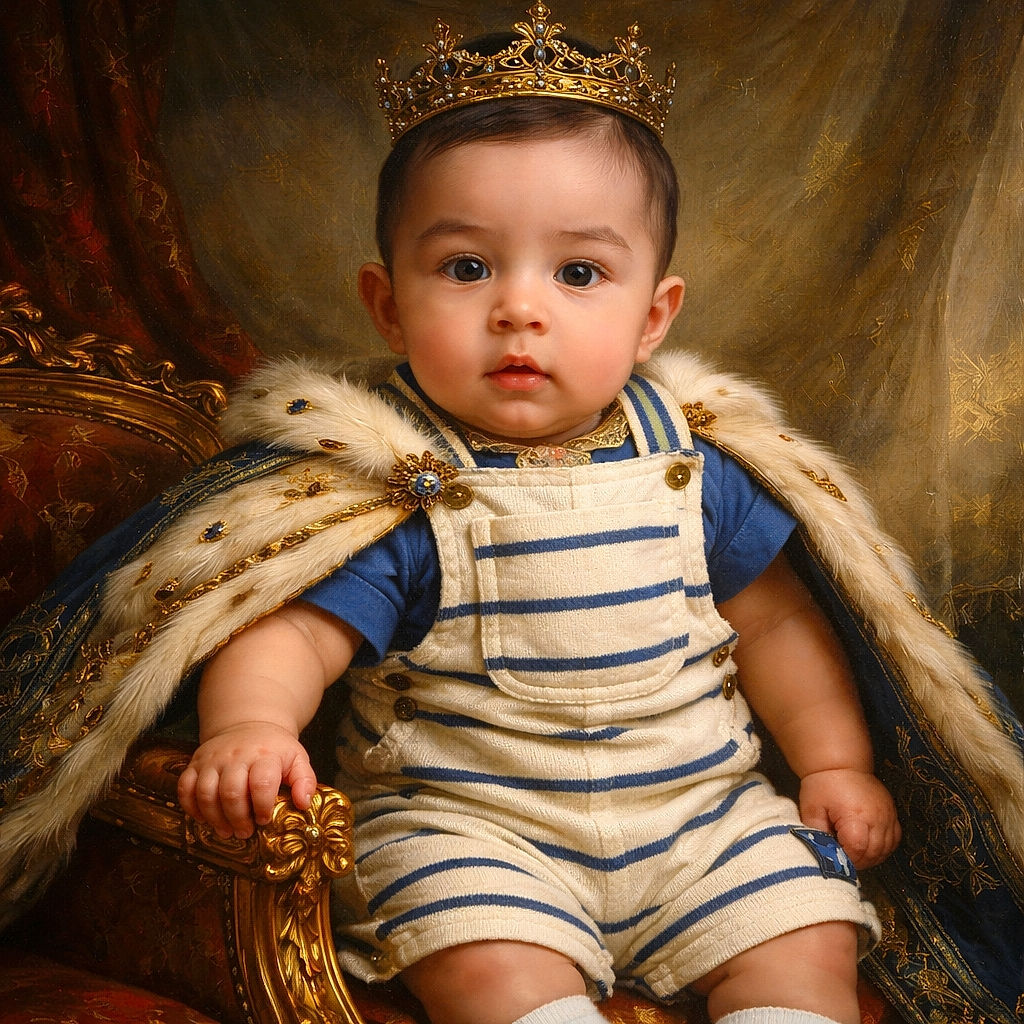 A wide-eyed, rosy-cheeked baby in blue-and-white striped overalls perches on a leather ottoman, being gently steadied by an adult hand — expression equal parts curiosity and mild alarm about the existence of socks. Behind them: a floor lamp, couch and closet doors in a cozy living room; a tiny camera watermark rests in the corner like a credit for the photobombing cuteness.