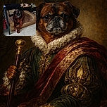 A cozy indoor scene featuring a small brown dog lounging on a well-used dog bed, looking curiously at the camera. Behind the dog, a lifelike dog statue with a bone in its mouth and a sign reading 'THEA' sits on a chair, adding a quirky touch to the room. The background includes a TV screen showing a close-up of a person's face and various household items, all set against a tiled floor.