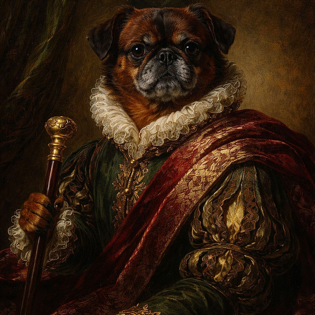 A cozy indoor scene featuring a small brown dog lounging on a well-used dog bed, looking curiously at the camera. Behind the dog, a lifelike dog statue with a bone in its mouth and a sign reading 'THEA' sits on a chair, adding a quirky touch to the room. The background includes a TV screen showing a close-up of a person's face and various household items, all set against a tiled floor.