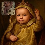 A cute baby wrapped in a cozy bear-patterned towel looks curiously at the camera, one arm raised as if waving hello, with soft lighting giving a warm and intimate feel.