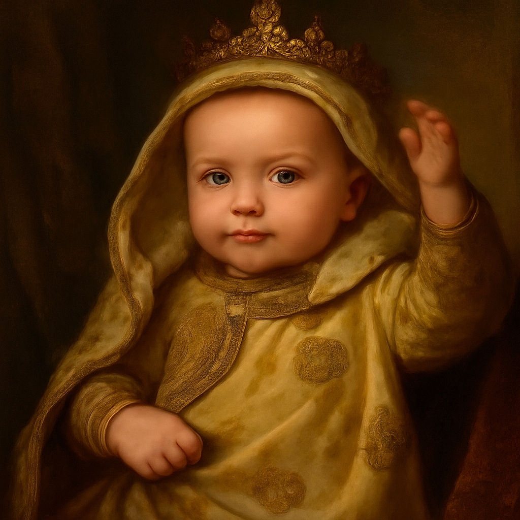 A cute baby wrapped in a cozy bear-patterned towel looks curiously at the camera, one arm raised as if waving hello, with soft lighting giving a warm and intimate feel.