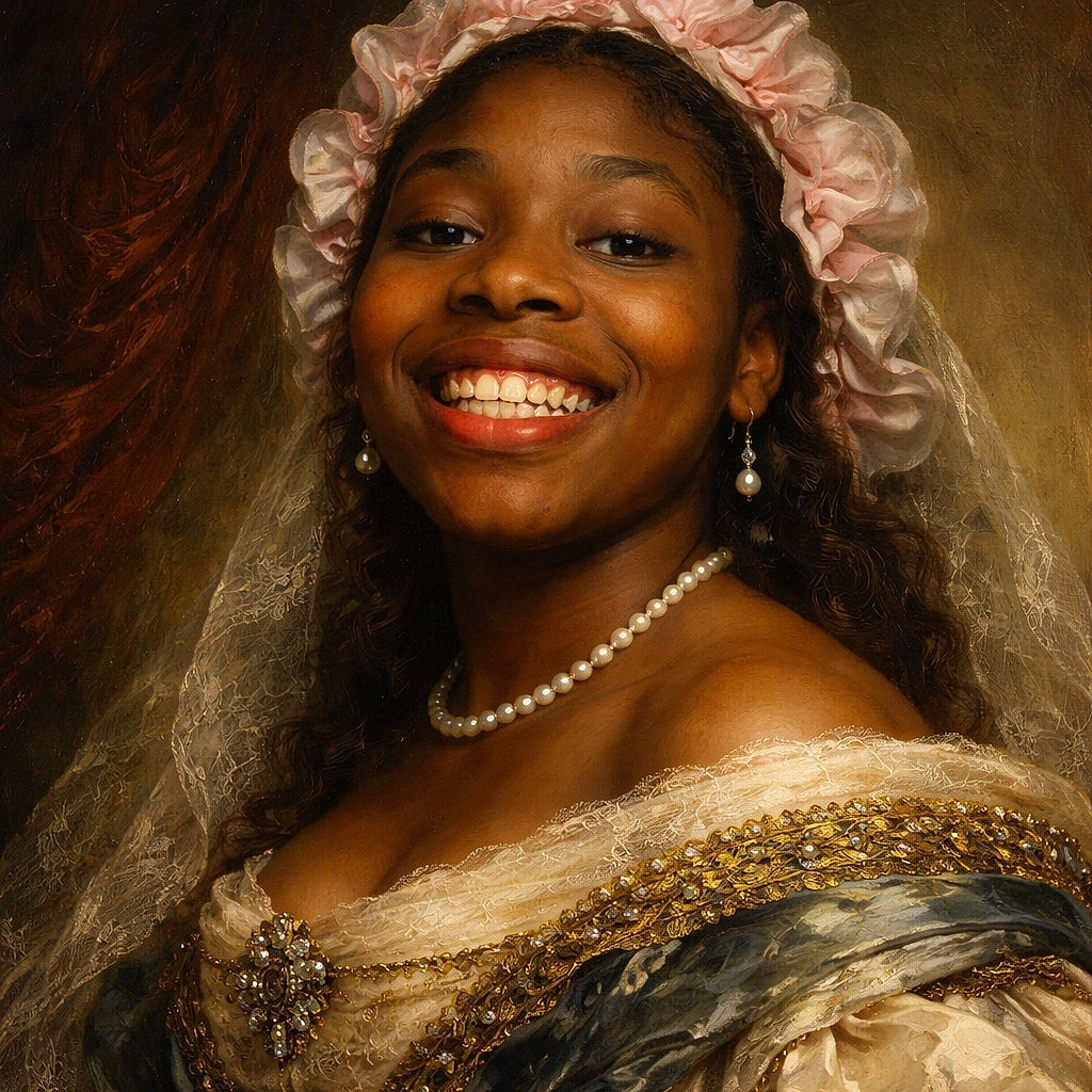 An over-enthusiastic close-up of a kid grinning ear-to-ear, teeth on full display and a bed bonnet framing the face — looks like someone tried to take a selfie from two inches away and loved the result.