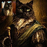 A majestic long-haired black cat with piercing yellow-green eyes stares intently at the camera, its fluffy chest fur highlighted by warm indoor lighting. The cozy room background with wooden furniture and a door adds a homely touch to this regal feline portrait.