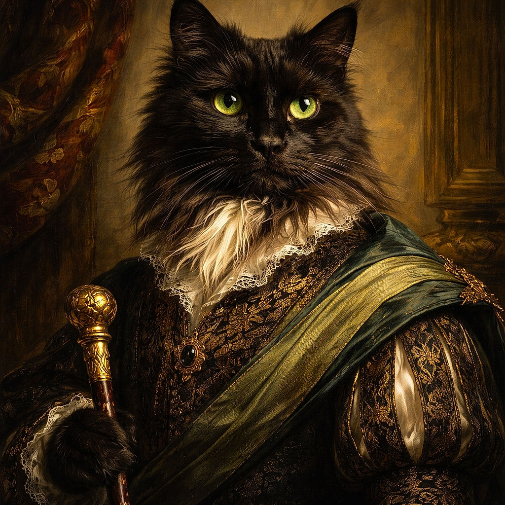 A majestic long-haired black cat with piercing yellow-green eyes stares intently at the camera, its fluffy chest fur highlighted by warm indoor lighting. The cozy room background with wooden furniture and a door adds a homely touch to this regal feline portrait.