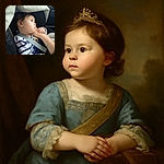 A thoughtful toddler in a striped outfit is safely strapped into a car seat, gently holding an adult's tattooed arm, gazing out the window with a calm and curious expression.