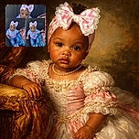 A charming baby girl wearing a large pink and white bow headband, sitting comfortably on a dark seat with a pink backpack and blue jacket beside her. The collage style photo shows three different angles of her adorable expressions and outfit, including her cute jeans with heart patches and white socks, making her look like a tiny fashion icon.