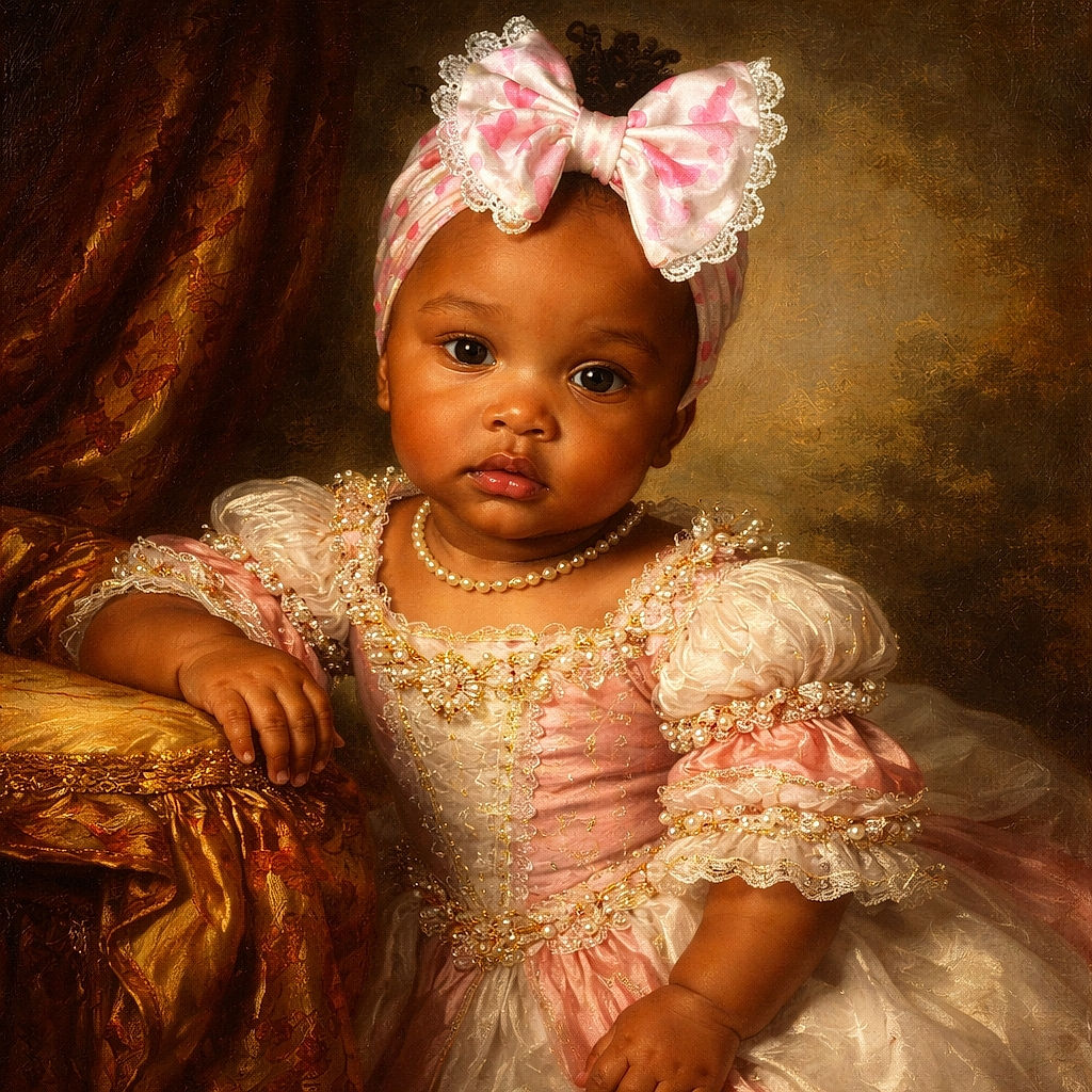 A charming baby girl wearing a large pink and white bow headband, sitting comfortably on a dark seat with a pink backpack and blue jacket beside her. The collage style photo shows three different angles of her adorable expressions and outfit, including her cute jeans with heart patches and white socks, making her look like a tiny fashion icon.