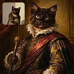 A fluffy tuxedo kitten royally perched on the back of a chair, golden eyes locked on the camera like it just heard the word 'treat' — dramatic side lighting gives it an unexpectedly regal portrait vibe.