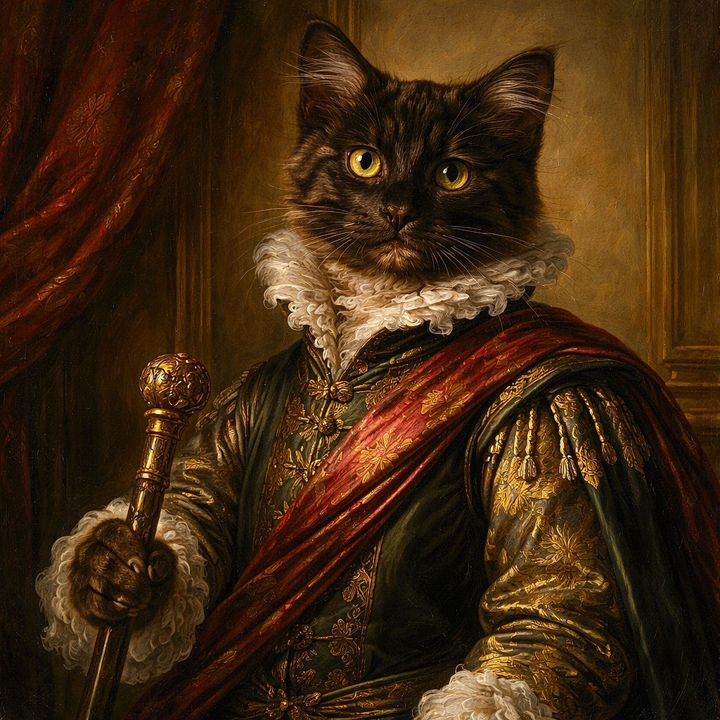 A fluffy tuxedo kitten royally perched on the back of a chair, golden eyes locked on the camera like it just heard the word 'treat' — dramatic side lighting gives it an unexpectedly regal portrait vibe.