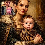 A cozy, slightly grainy selfie of an adult holding a serious-faced baby who appears to be pondering life (or dinner). The grown-up tries to look composed while the little one steals the spotlight with big curious eyes and striped pajamas.