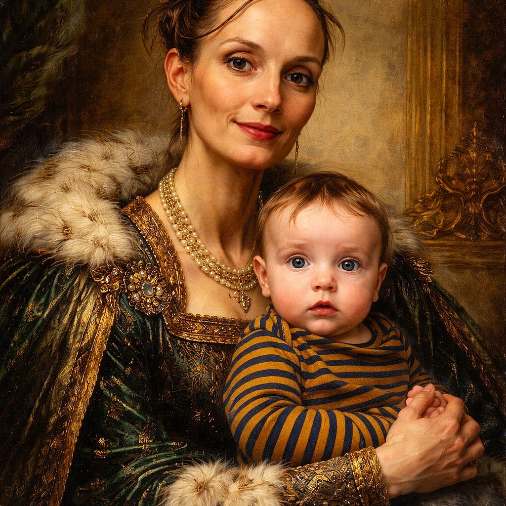 A cozy, slightly grainy selfie of an adult holding a serious-faced baby who appears to be pondering life (or dinner). The grown-up tries to look composed while the little one steals the spotlight with big curious eyes and striped pajamas.