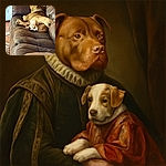 Two dogs are cozily snuggled together on a worn brown couch, with the smaller dog comfortably resting on top of the larger one, creating a heartwarming scene of pet friendship and relaxation.