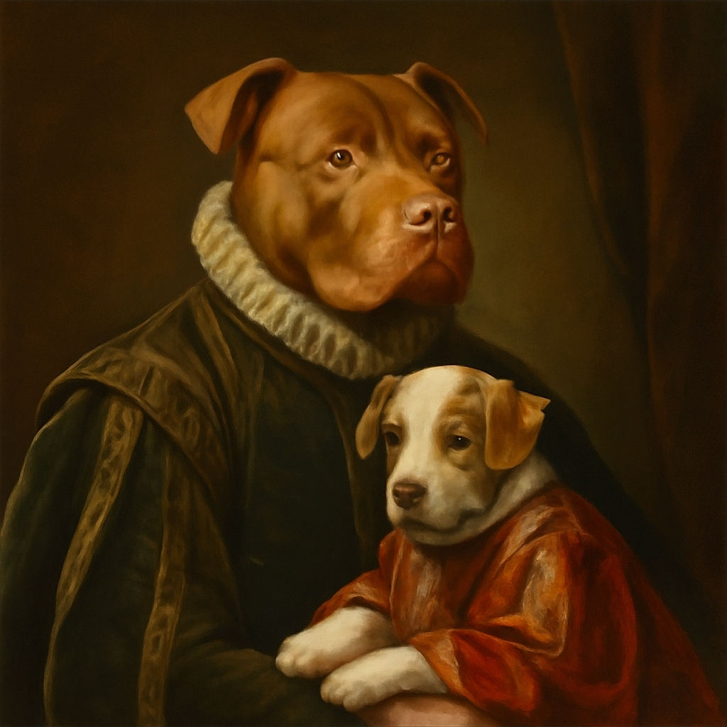 Two dogs are cozily snuggled together on a worn brown couch, with the smaller dog comfortably resting on top of the larger one, creating a heartwarming scene of pet friendship and relaxation.