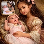 A tender moment captured between two siblings: a curious little girl adorned with floral hair clips gazes lovingly at her baby sister nestled in a cozy basket lined with soft fur. The baby, dressed in a pastel pink dress and matching headband, reacts with wide eyes and a playful expression, while the older sister gently rests her hand on the baby, radiating warmth and affection.