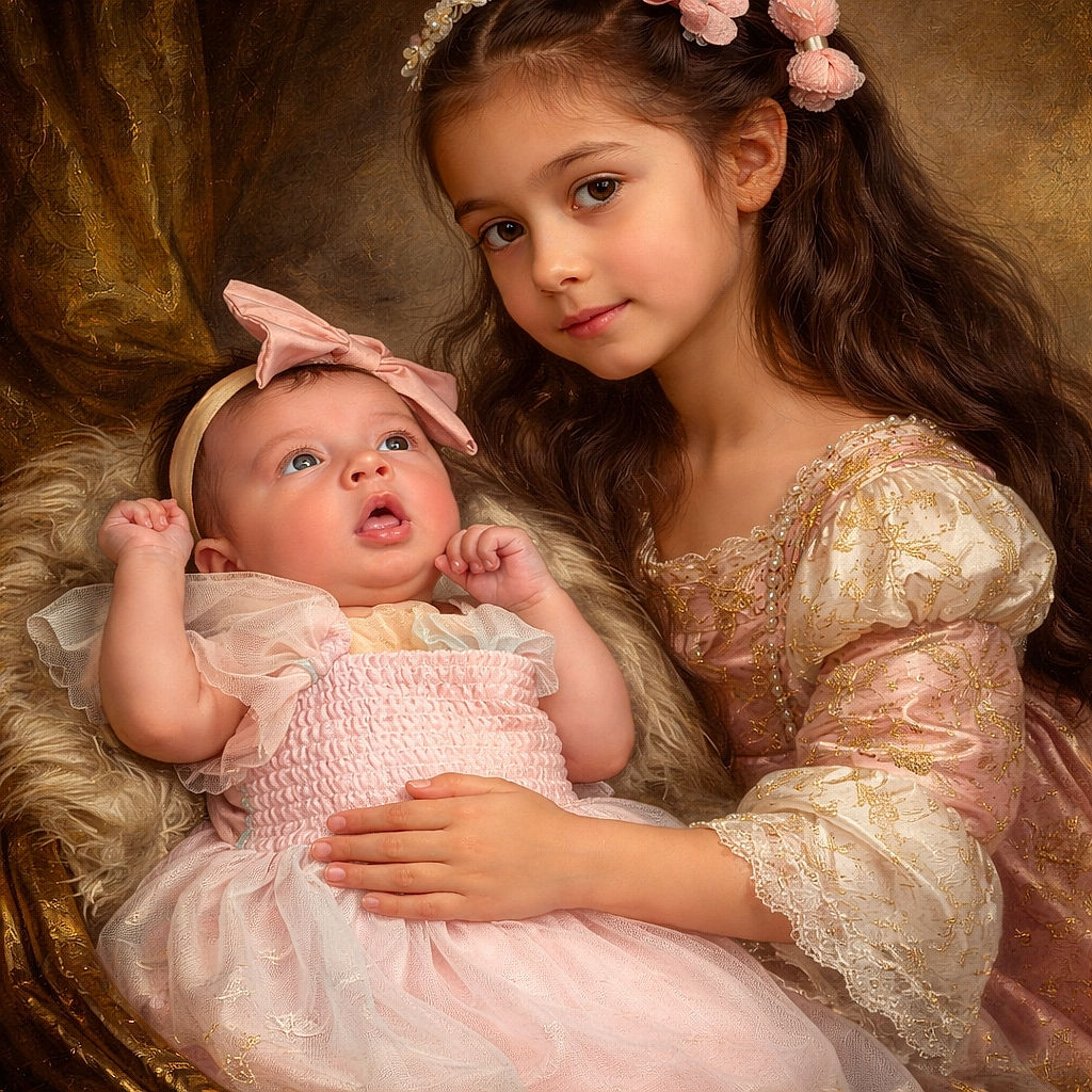 A tender moment captured between two siblings: a curious little girl adorned with floral hair clips gazes lovingly at her baby sister nestled in a cozy basket lined with soft fur. The baby, dressed in a pastel pink dress and matching headband, reacts with wide eyes and a playful expression, while the older sister gently rests her hand on the baby, radiating warmth and affection.