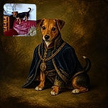 A bright-eyed little dog is balancing on the back of a red leather sofa like a four-legged acrobat, while its dramatically curled tail points skyward as if it has just received excellent news. A fan, wooden drawers, and leafy cushion complete the cozy indoor scene.
