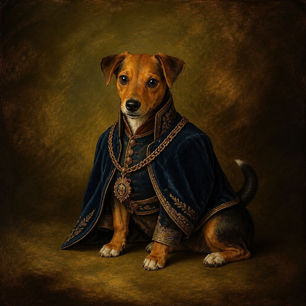 A bright-eyed little dog is balancing on the back of a red leather sofa like a four-legged acrobat, while its dramatically curled tail points skyward as if it has just received excellent news. A fan, wooden drawers, and leafy cushion complete the cozy indoor scene.