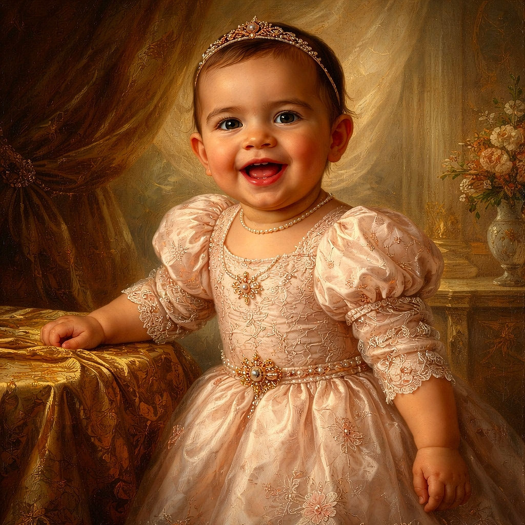 A cheerful toddler with a big smile and bright eyes is captured mid-play, leaning against a cozy gray couch in a sunlit room with sheer curtains fluttering in the background. The child wears a pink shirt with 'LOVE PARIS' written on it and white pants, radiating pure joy and innocence.
