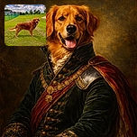 A happy golden retriever stands proudly on a lush green lawn under a partly cloudy blue sky, wearing a colorful bandana and panting with joy as if ready for an adventure.