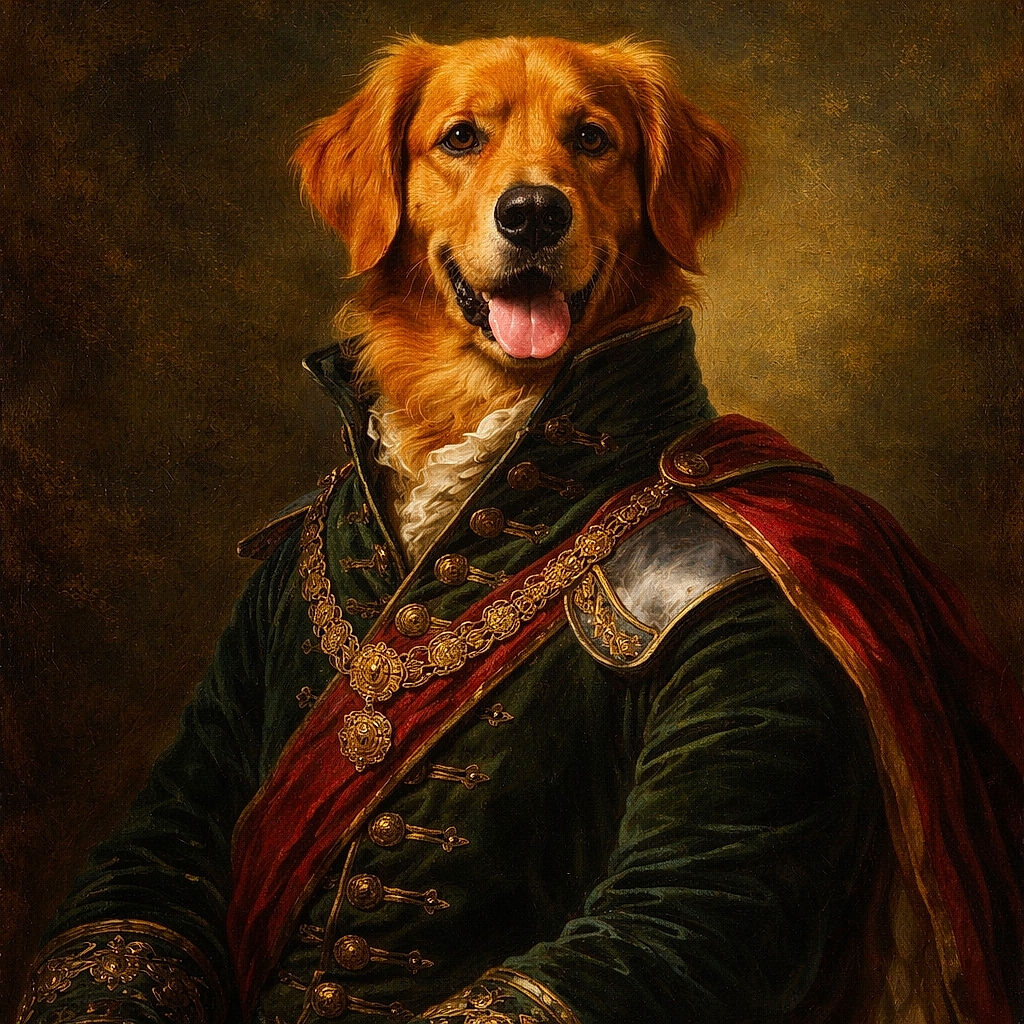 A happy golden retriever stands proudly on a lush green lawn under a partly cloudy blue sky, wearing a colorful bandana and panting with joy as if ready for an adventure.