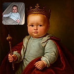 A chubby-cheeked baby in cozy white pajamas lounges in a cushioned baby rocker, staring curiously at the camera with a slight pout and red-eye effect making the eyes look like tiny glowing embers.