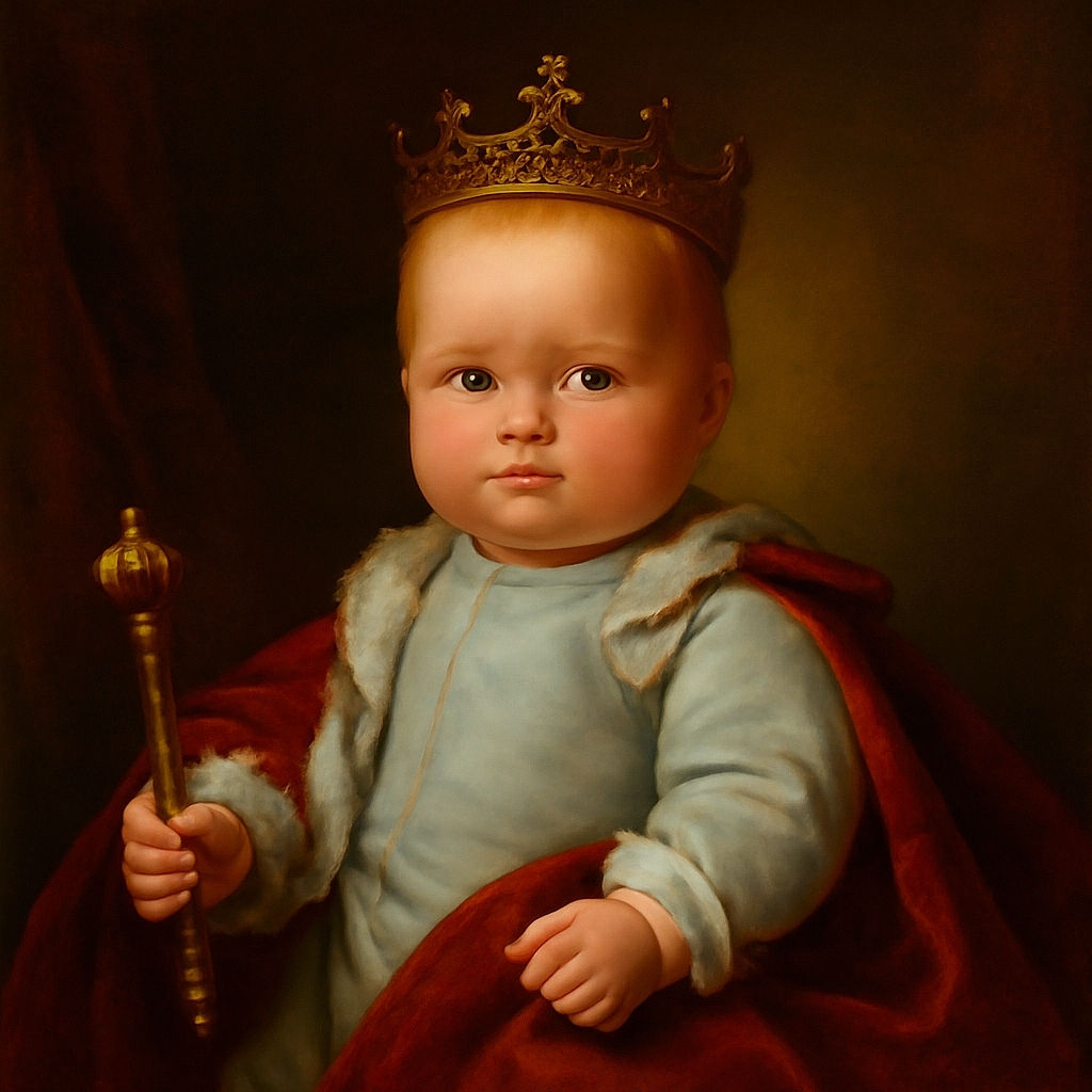 A chubby-cheeked baby in cozy white pajamas lounges in a cushioned baby rocker, staring curiously at the camera with a slight pout and red-eye effect making the eyes look like tiny glowing embers.