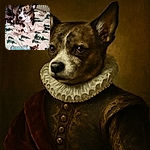 A slightly blurry photo of a small brindle dog sitting on a festive blanket with green tree and reindeer patterns, next to a blue bone-shaped toy. The dog looks a bit distracted with its ears perked up.