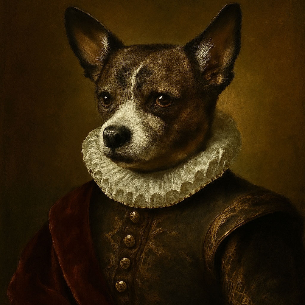 A slightly blurry photo of a small brindle dog sitting on a festive blanket with green tree and reindeer patterns, next to a blue bone-shaped toy. The dog looks a bit distracted with its ears perked up.