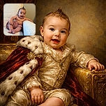 A cheerful baby with a playful mohawk hairstyle lounges comfortably on a cozy white textured chair, wearing colorful shorts adorned with a fun pattern, flashing an adorable open-mouthed smile that lights up the scene.