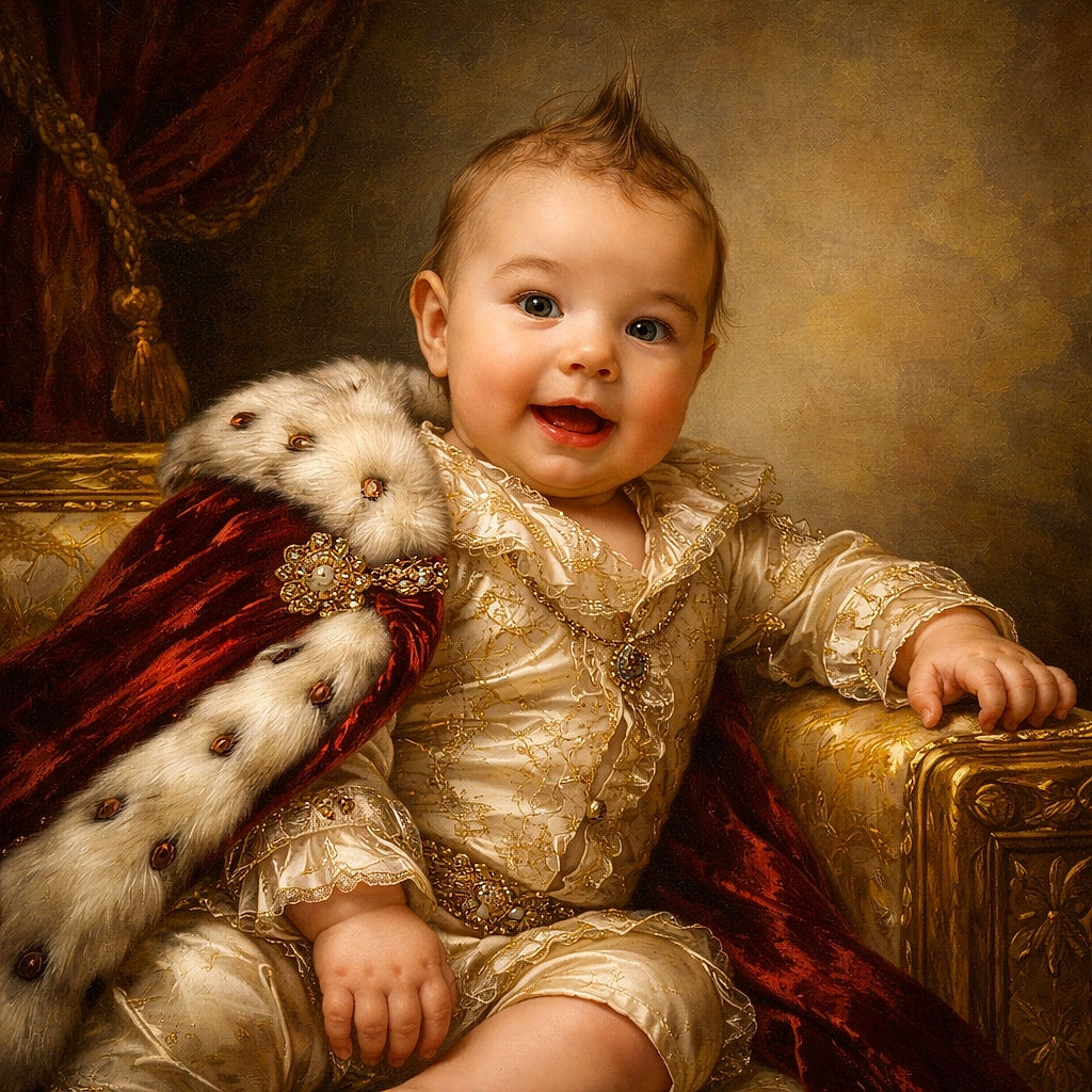 A cheerful baby with a playful mohawk hairstyle lounges comfortably on a cozy white textured chair, wearing colorful shorts adorned with a fun pattern, flashing an adorable open-mouthed smile that lights up the scene.