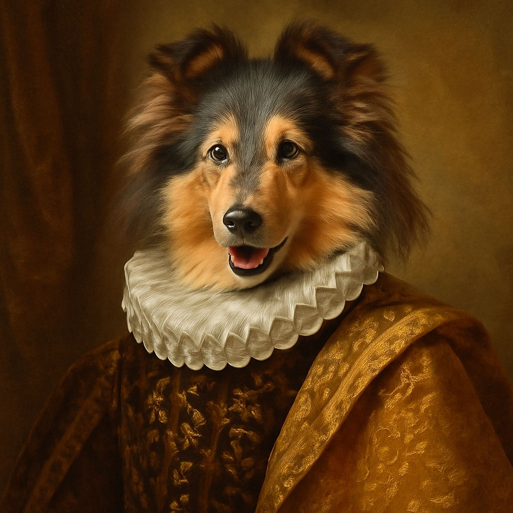 A fluffy, happy dog with a thick, multi-colored coat smiles joyfully at the camera, its bright eyes and open mouth radiating pure canine cheer against a natural outdoor background.