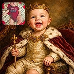 A cheerful baby wearing a maroon onesie with 'MAMA'S BOY' printed on it, lying on a colorful quilt with red, cream, and patterned patches. The baby is smiling widely, showing pure joy, while a wooden sign next to him reads 'seven months'.