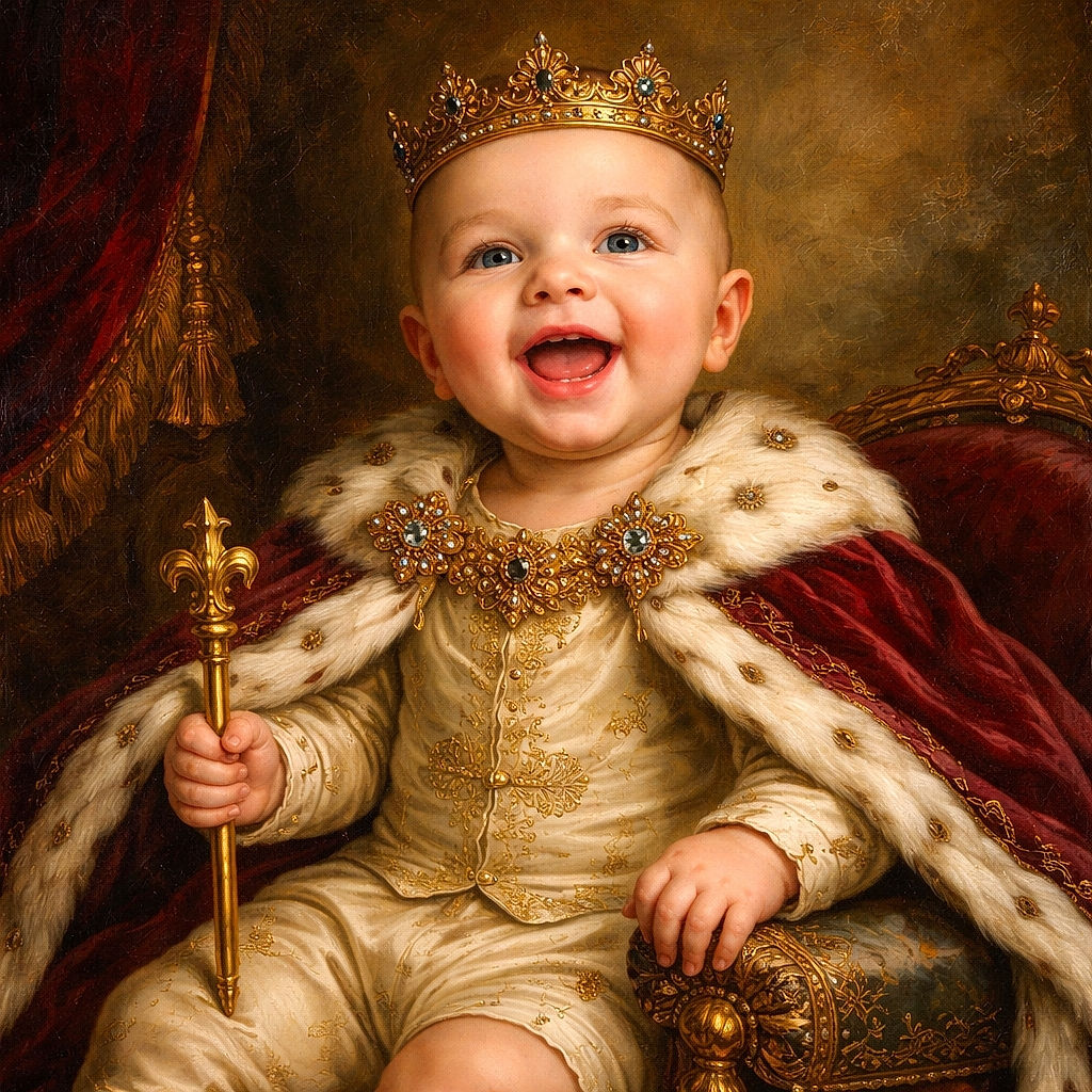A cheerful baby wearing a maroon onesie with 'MAMA'S BOY' printed on it, lying on a colorful quilt with red, cream, and patterned patches. The baby is smiling widely, showing pure joy, while a wooden sign next to him reads 'seven months'.