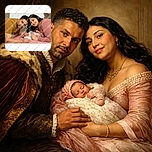 A cozy family moment with two proud parents lying on a bed, smiling warmly at their peacefully sleeping newborn dressed in cute pink attire, surrounded by soft bedding. The image is marked with a semi-transparent watermark text overlay.