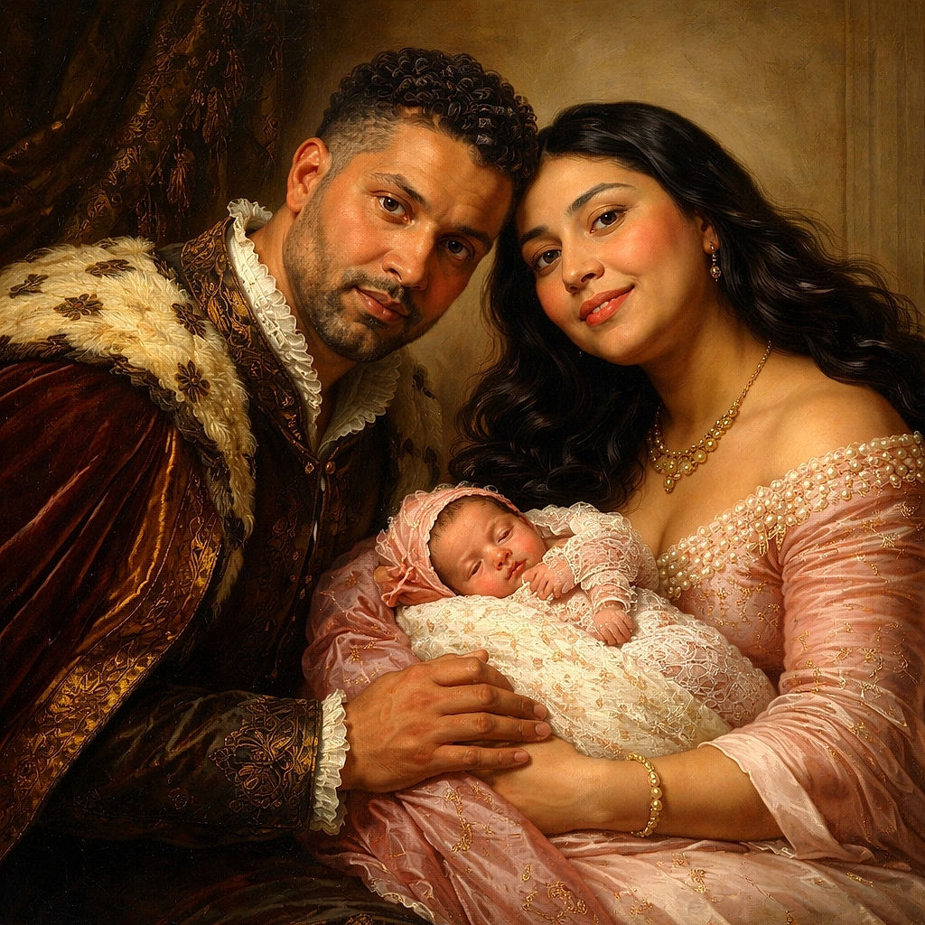 A cozy family moment with two proud parents lying on a bed, smiling warmly at their peacefully sleeping newborn dressed in cute pink attire, surrounded by soft bedding. The image is marked with a semi-transparent watermark text overlay.